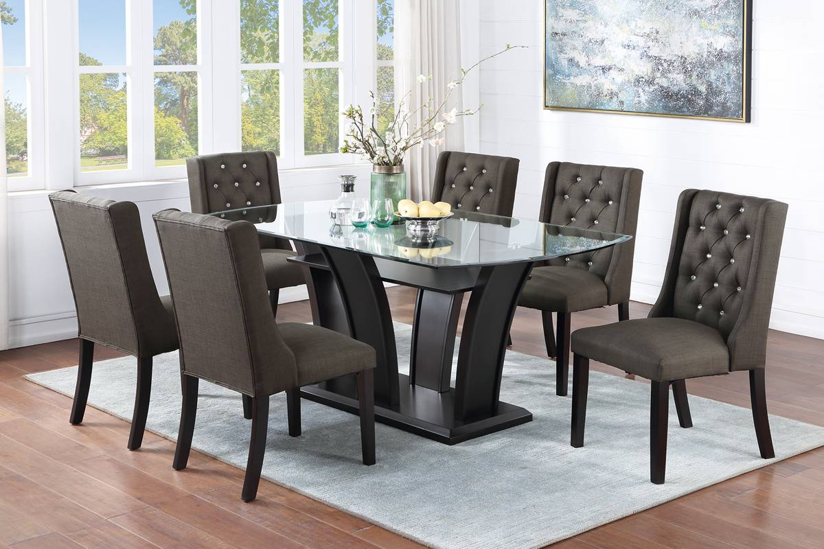 Poundex F2153-1857 7 pc harpers curve dark finish wood dining table set curved base and tempered glass top ash black chairs