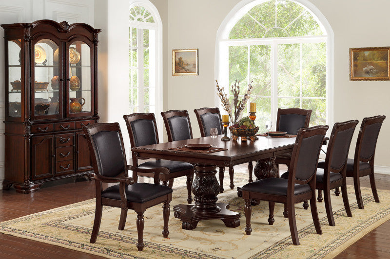 Poundex F2182-1729-1730 7 pc kathryn ii dark brown finish wood double pedestal dining table set with vinyl seats