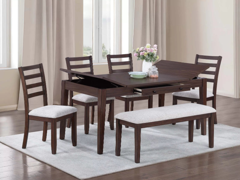 Poundex F2422 6 pc dark walnut finish wood storage dining table set with drawer padded seat chairs and bench