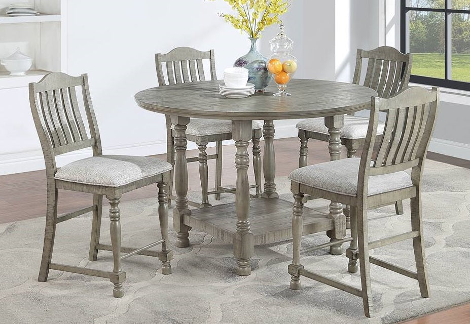 Poundex F2427-1924 5 pc Distressed wash finish wood 54" round counter height dining table set with turned legs