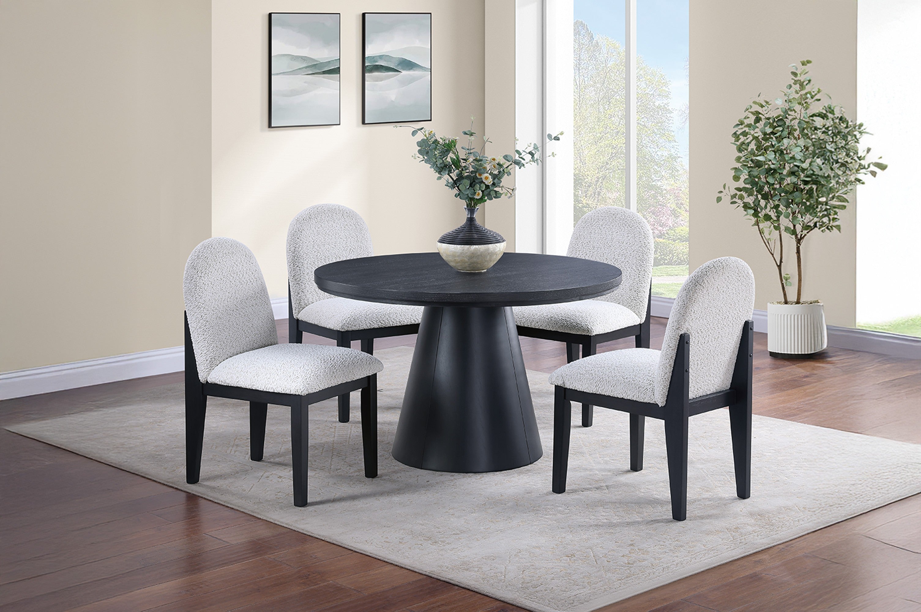 Poundex F2437-1926 5 pc Christian black finish wood 48" round dining table set padded chairs