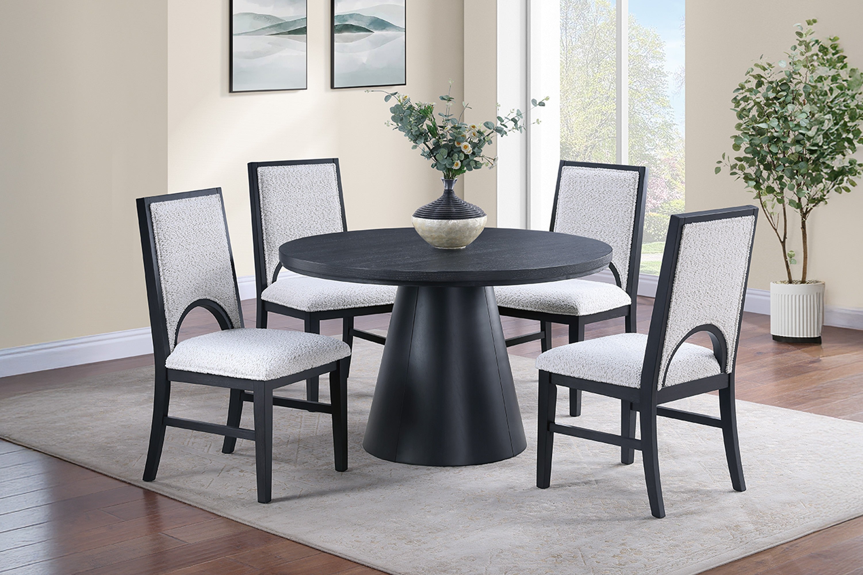 Poundex F2437-1925 5 pc Christian black finish wood 48" round dining table set padded chairs
