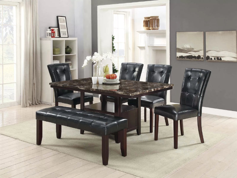 Poundex F2460-1750-51 6 pc Espresso finish wood faux marble top dining table set with bench center storage