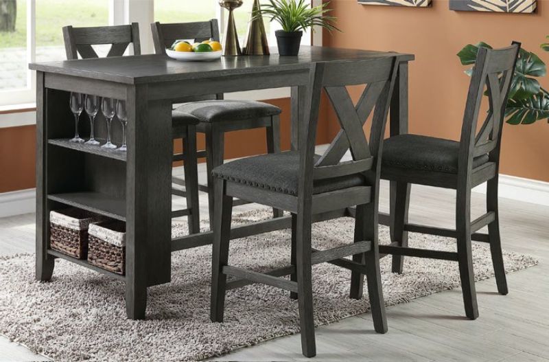 Poundex F2488-1789 5 pc Wildon studio brace gray finish solid acacia wood and fabric counter height dining table set