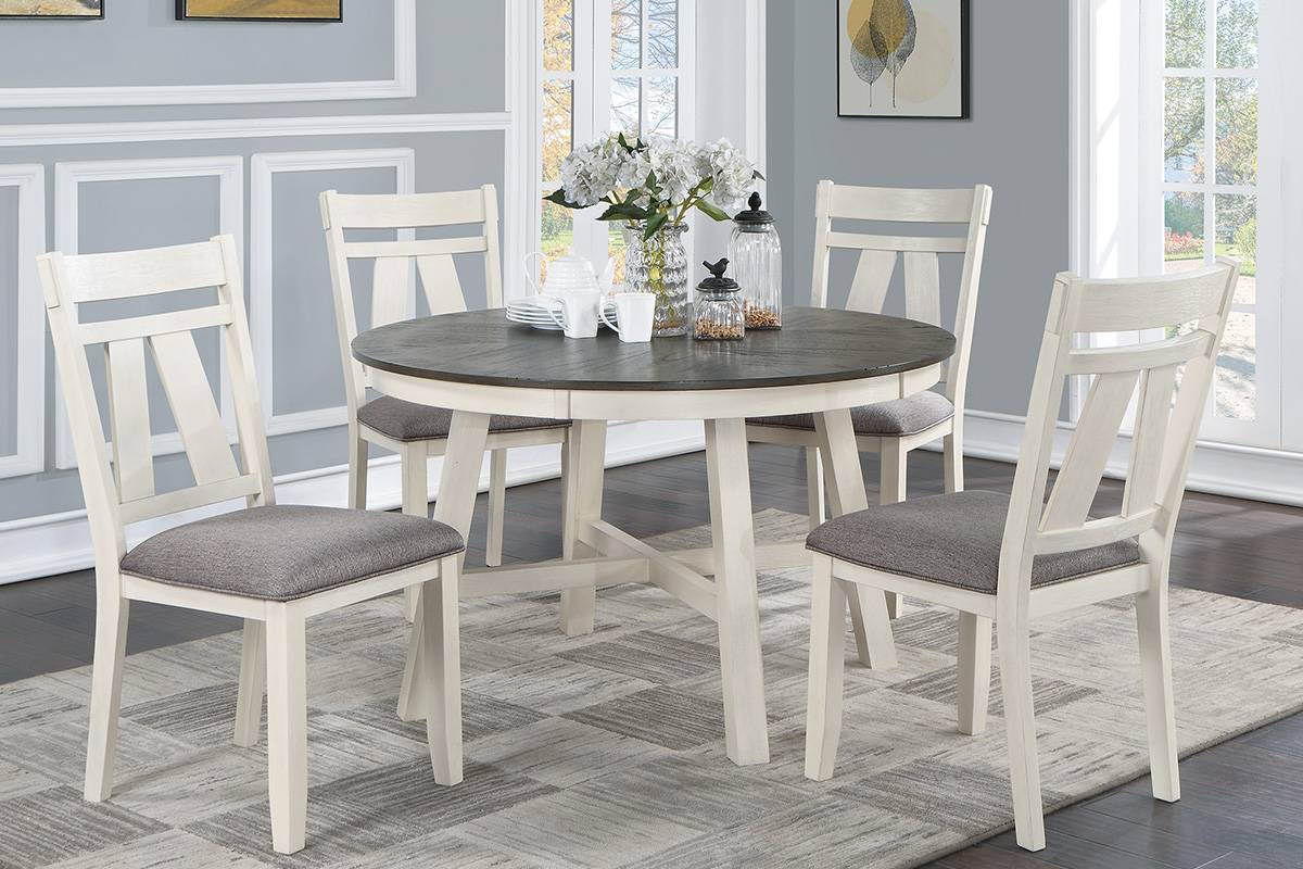 Poundex F2512-1890 5 pc two tone antique white and grey finish wood 48" round dining table set Rosdorf park blumer