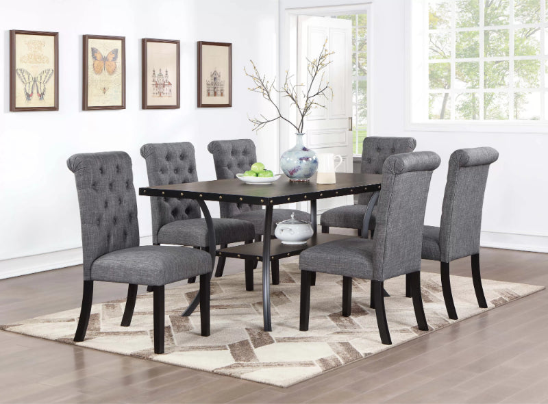 Poundex F2518-1913 7 pc Industrial dark finish wood rivited edge look dining table set nail head trim accents