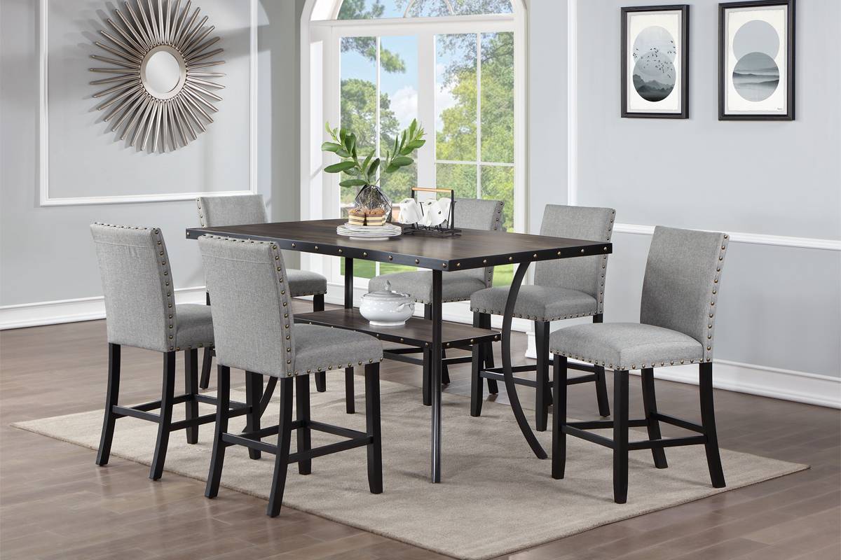 F2519-1912 7 pc Blake faux finish wood top riveted accents metal edge counter height dining table set