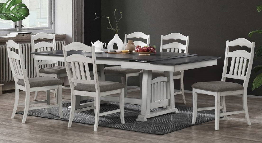 Poundex F2523-1798 7 pc Cottage country two tone off white and dark finish wood dining table set