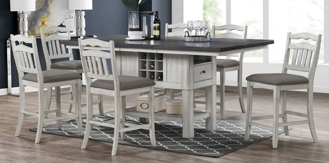 Poundex F2524-1799 7 pc Cottage country two tone off white and dark finish wood counter height dining table set