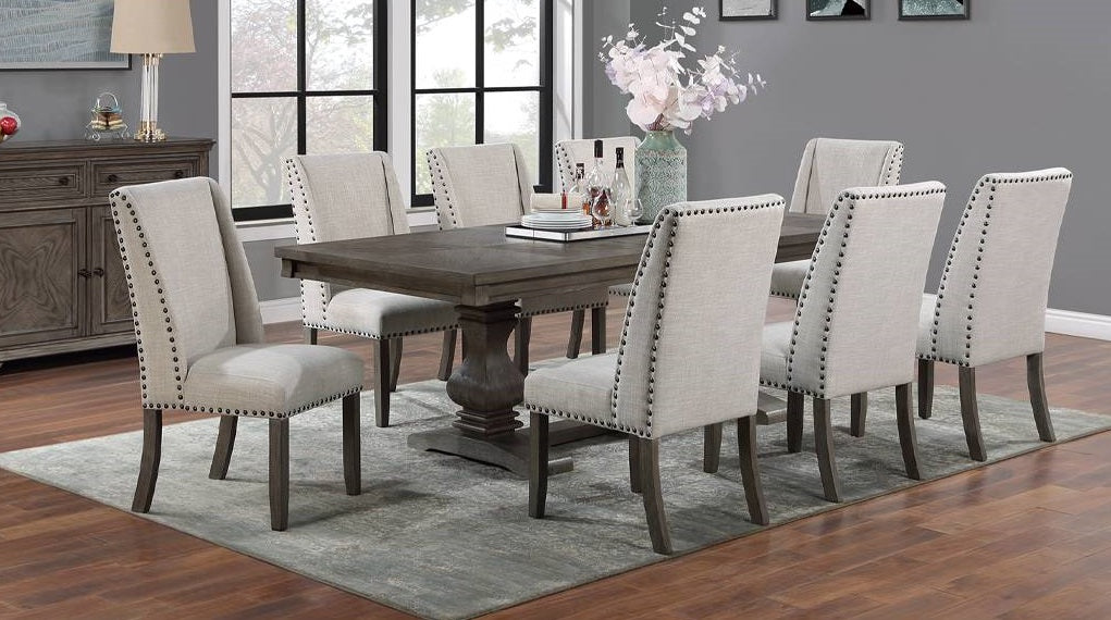 Poundex F2529-1919 7 pc dark finish wood dining table set trestle base nail head trim chairs