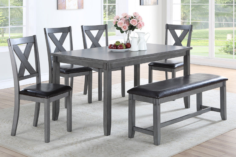 Poundex F2548 6 pc laurel bridget gray finish wood dining table set padded seat chairs and bench