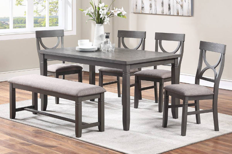 Poundex F2563 6 pc bridget ii grey finish wood dining table set padded seat chairs and bench