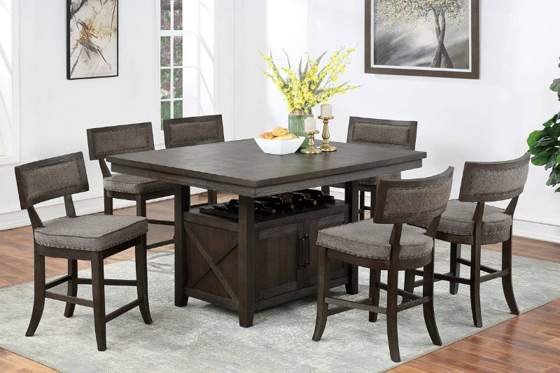 Poundex F2569-1824 7 pc Clive studios distressed gray wood finish counter height dining table set with storage base