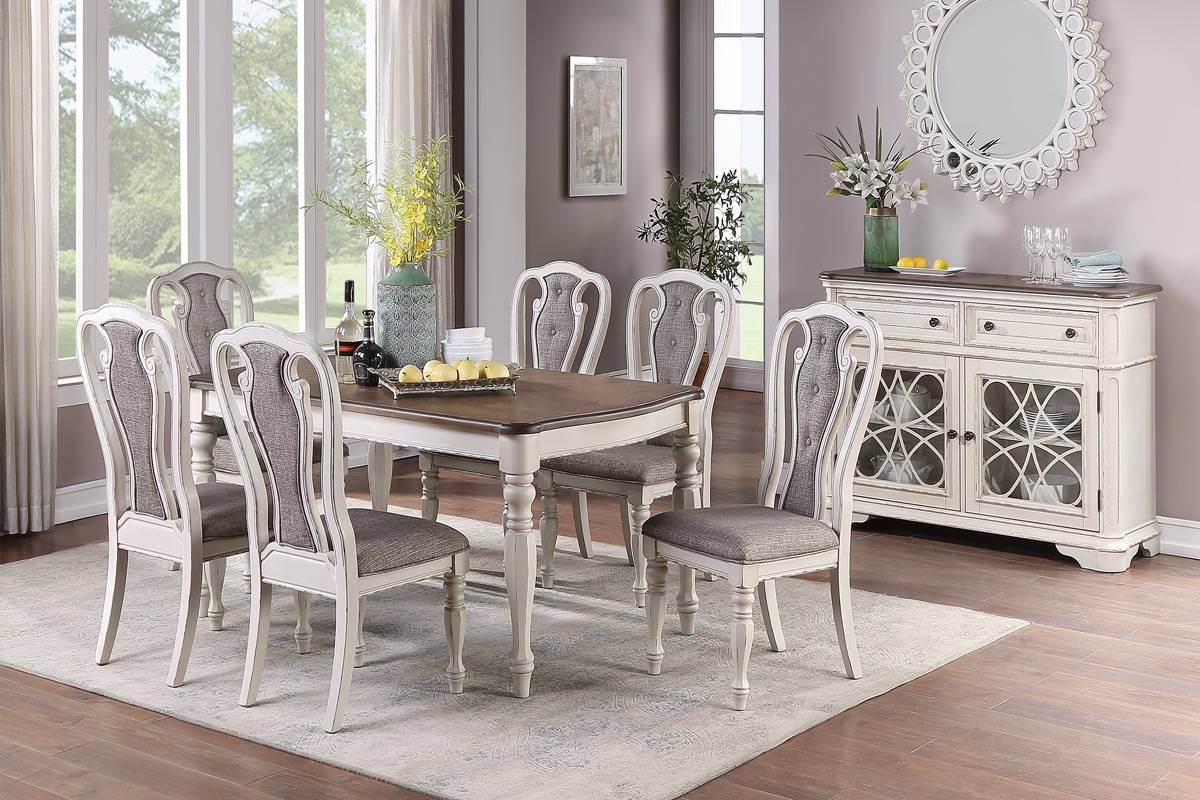Poundex F2570-1825 7 pc antique white dark oak finish wood dining table set Gray barn rooney kayley