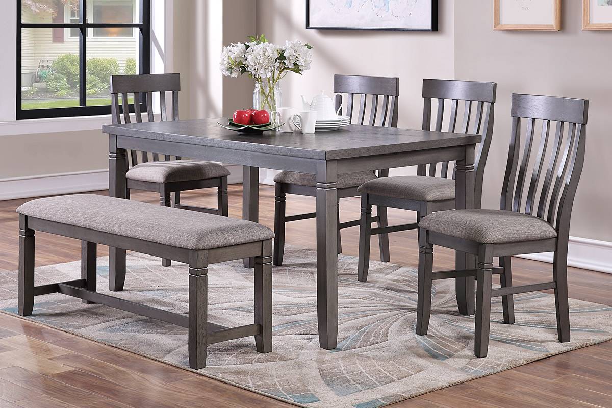 Poundex F2605 6 pc bridget ii grey finish wood dining table set padded seat chairs and bench