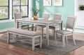 Poundex F2606 6 pc bridget ii ligght grey finish wood dining table set padded seat chairs and bench