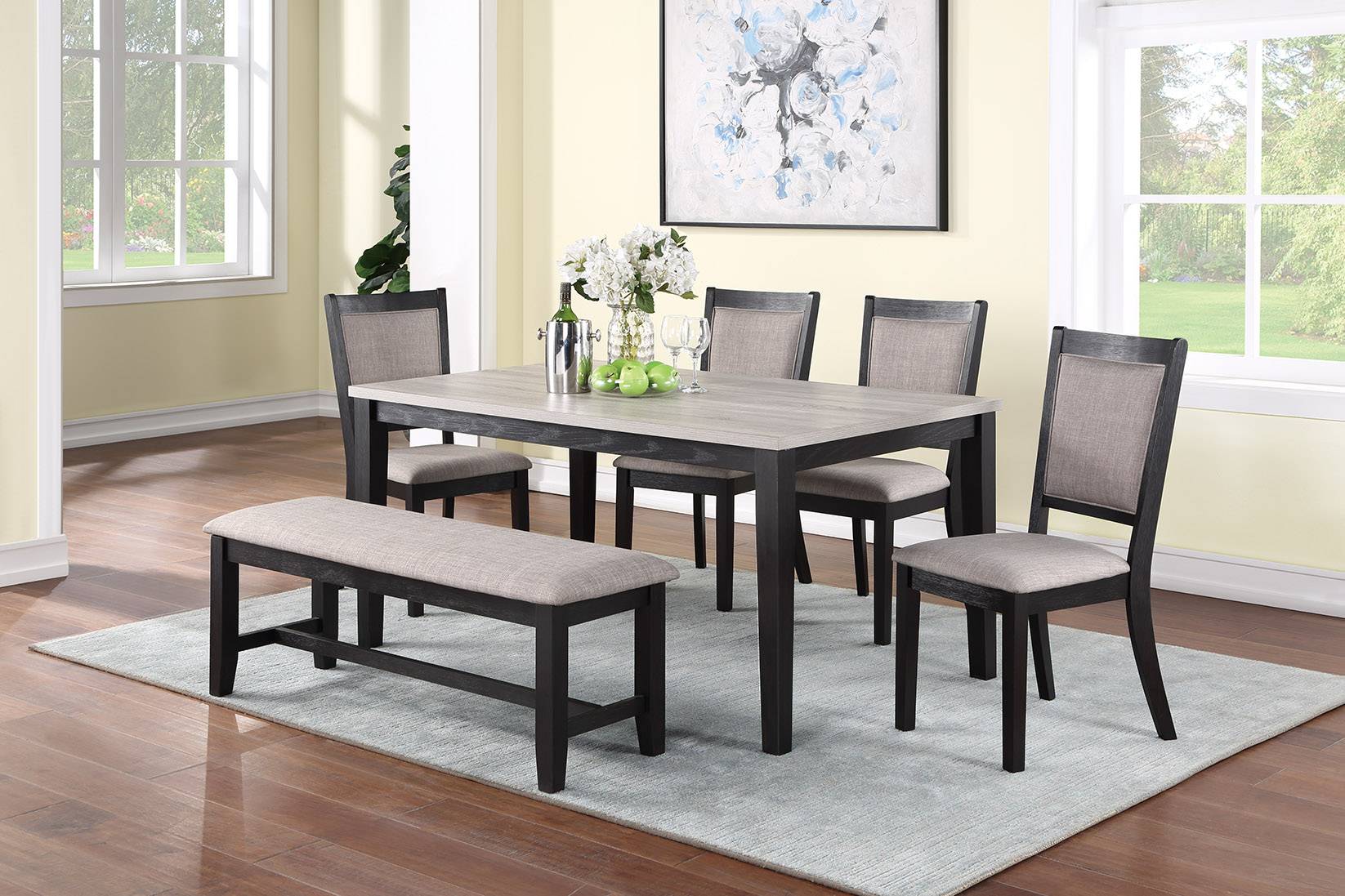Poundex F2607 6 pc bridget ii two tone finish wood dining table set padded seat chairs and bench