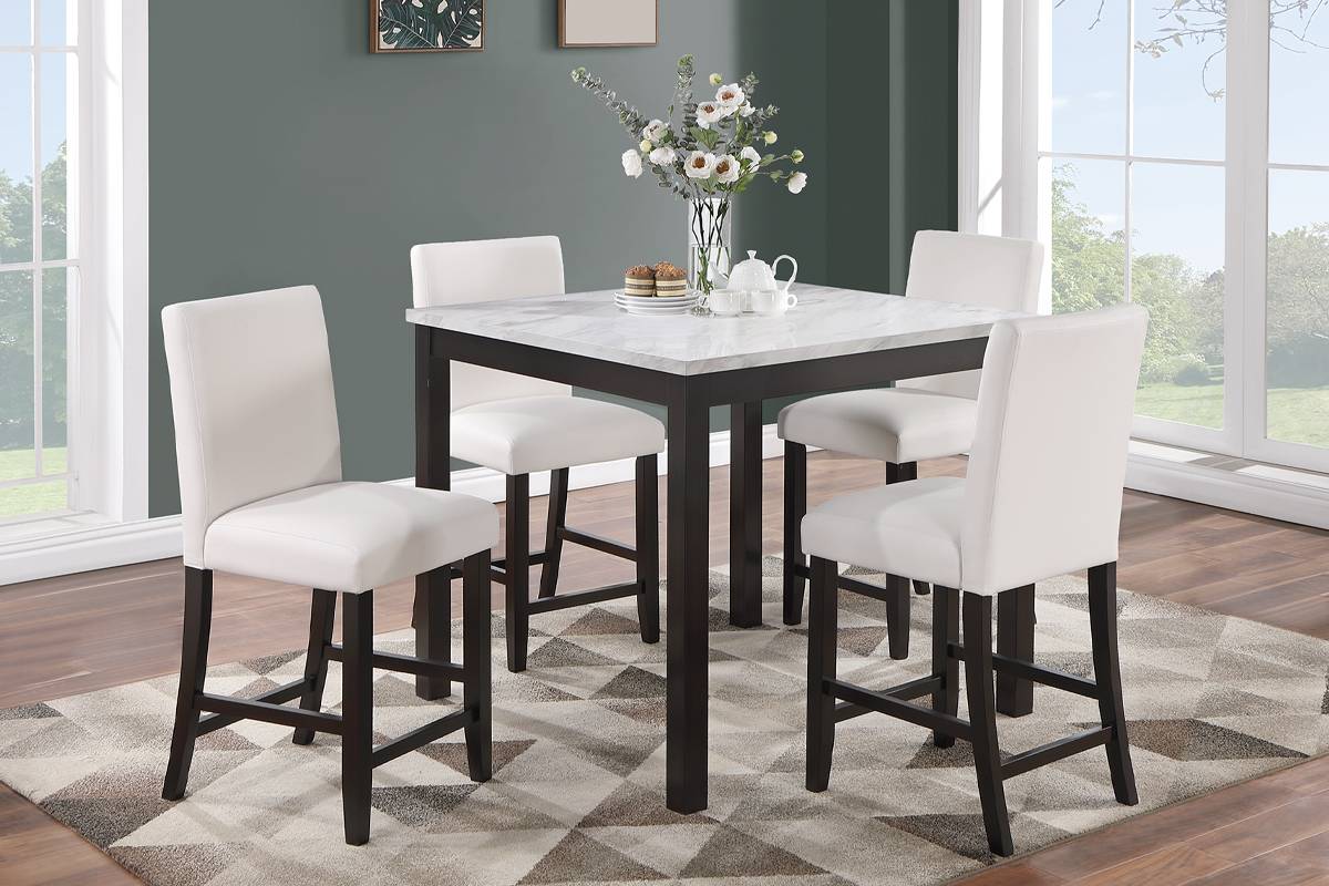Poundex F2617 5 pc dark finish wood white faux marble top square counter height dining table set