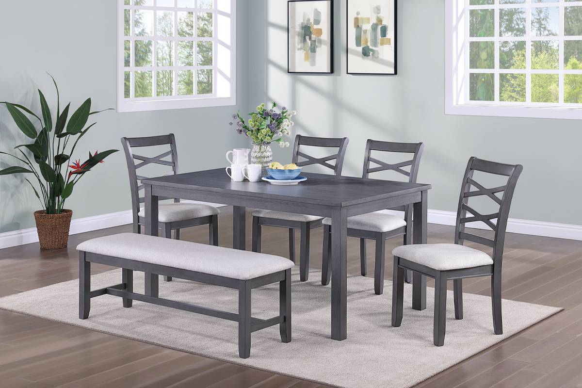 Poundex F2623 6 pc gray finish wood dining table set padded seat chairs and bench