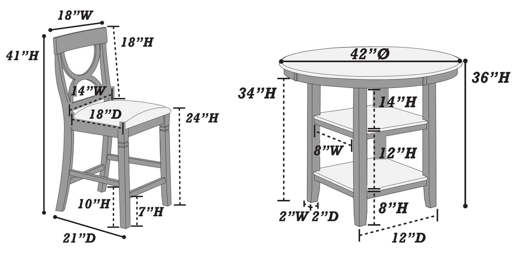 Poundex F2625 5 pc grey and white finish wood 42" round counter height dining table set center shelf pedestal