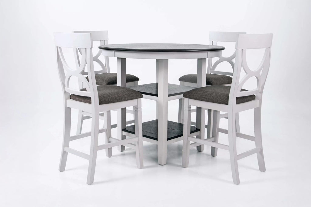 Poundex F2625 5 pc grey and white finish wood 42" round counter height dining table set center shelf pedestal