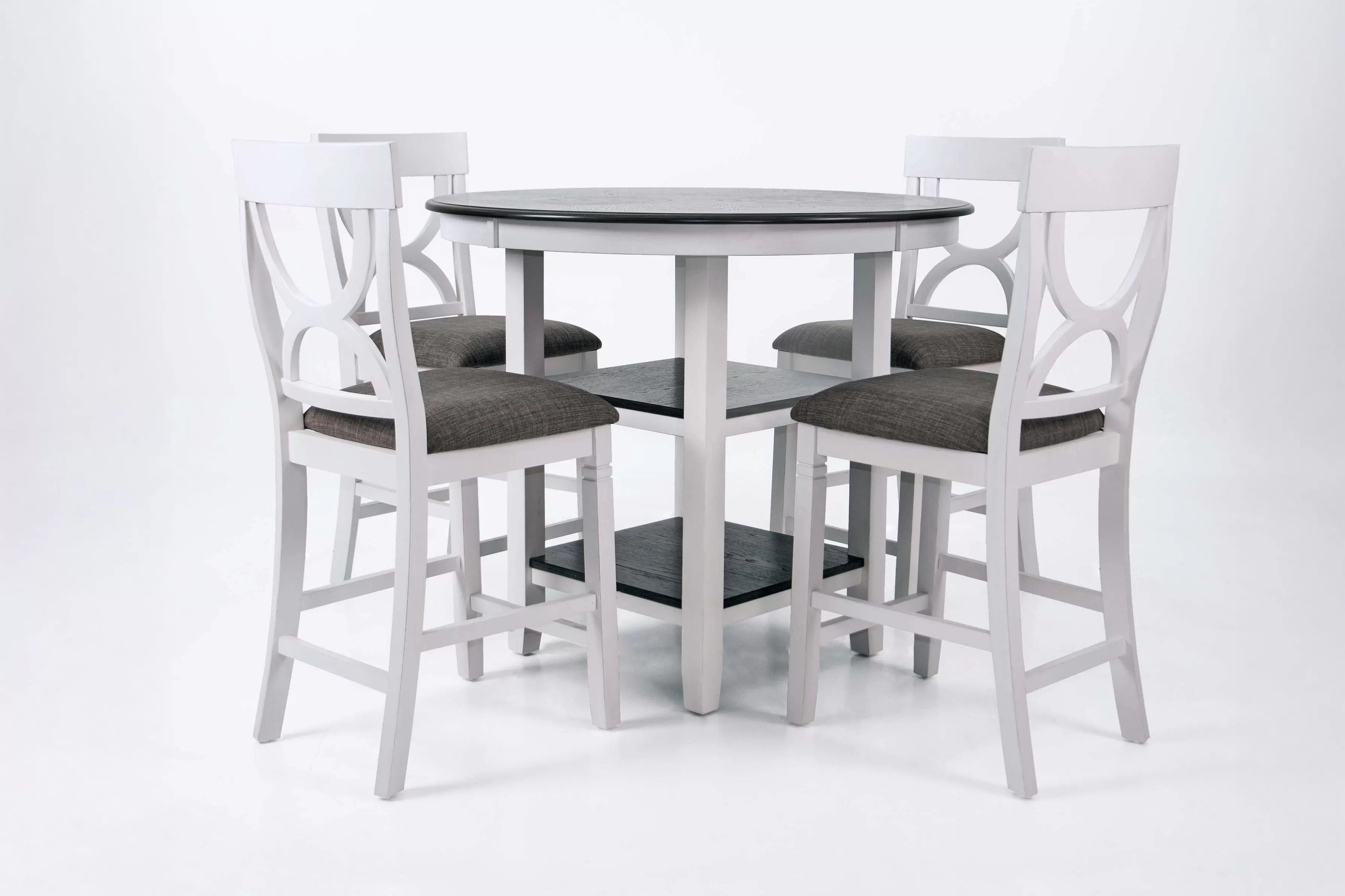 Poundex F2625 5 pc grey and white finish wood 42" round counter height dining table set center shelf pedestal