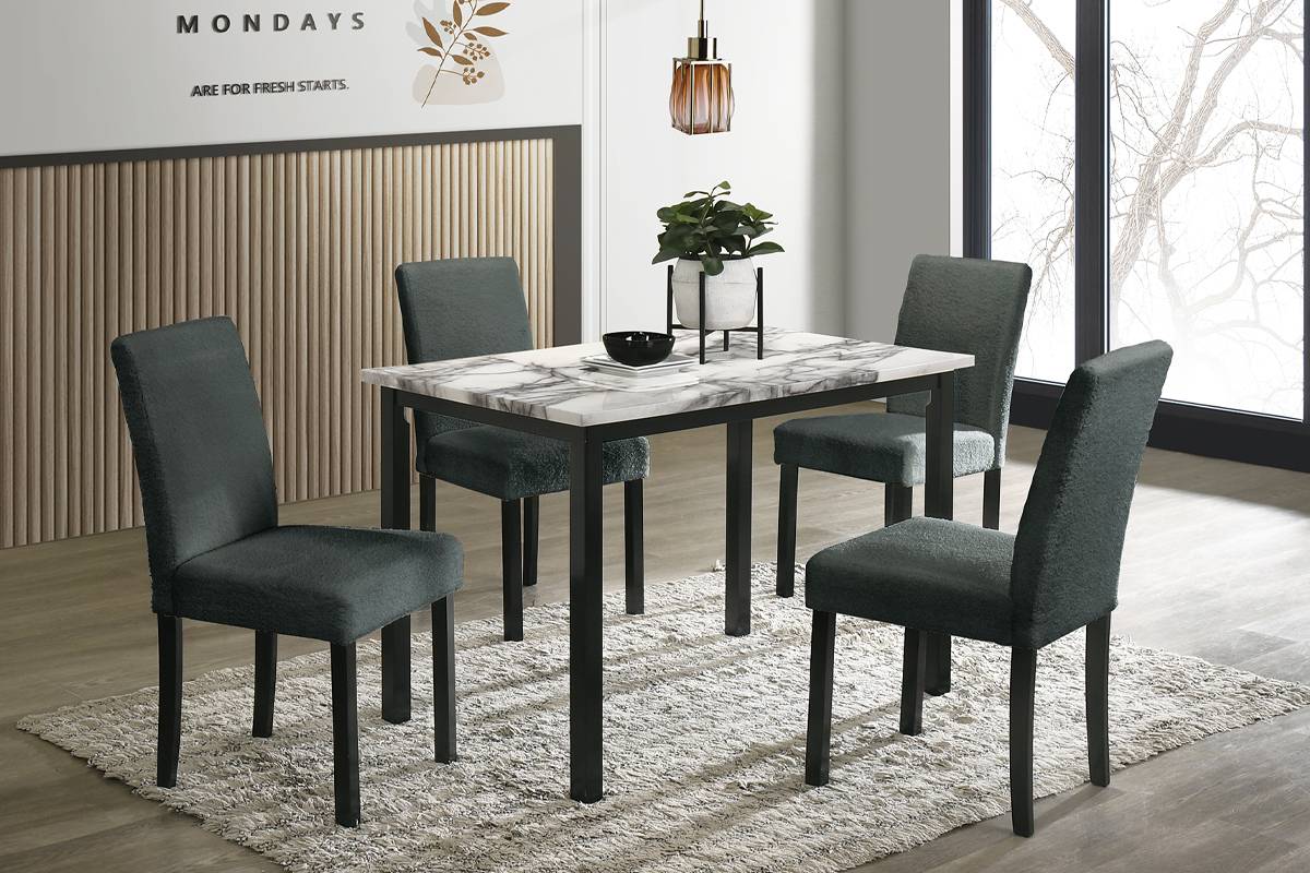Poundex F2628 5 pc white faux marble top dark wood frame charcoal grey chairs dining table set