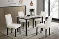 Poundex F2629 5 pc white faux marble top dark wood frame white wool chairs dining table set