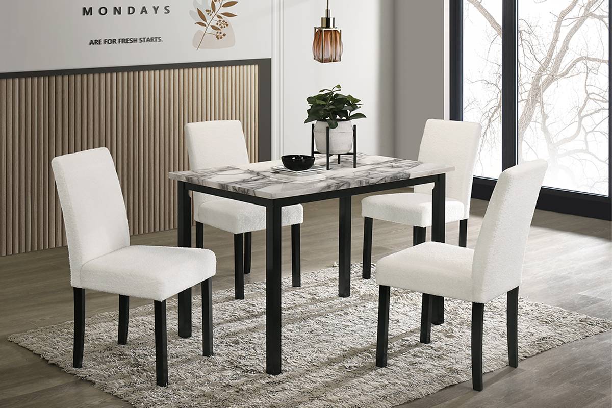 Poundex F2629 5 pc white faux marble top dark wood frame white wool chairs dining table set