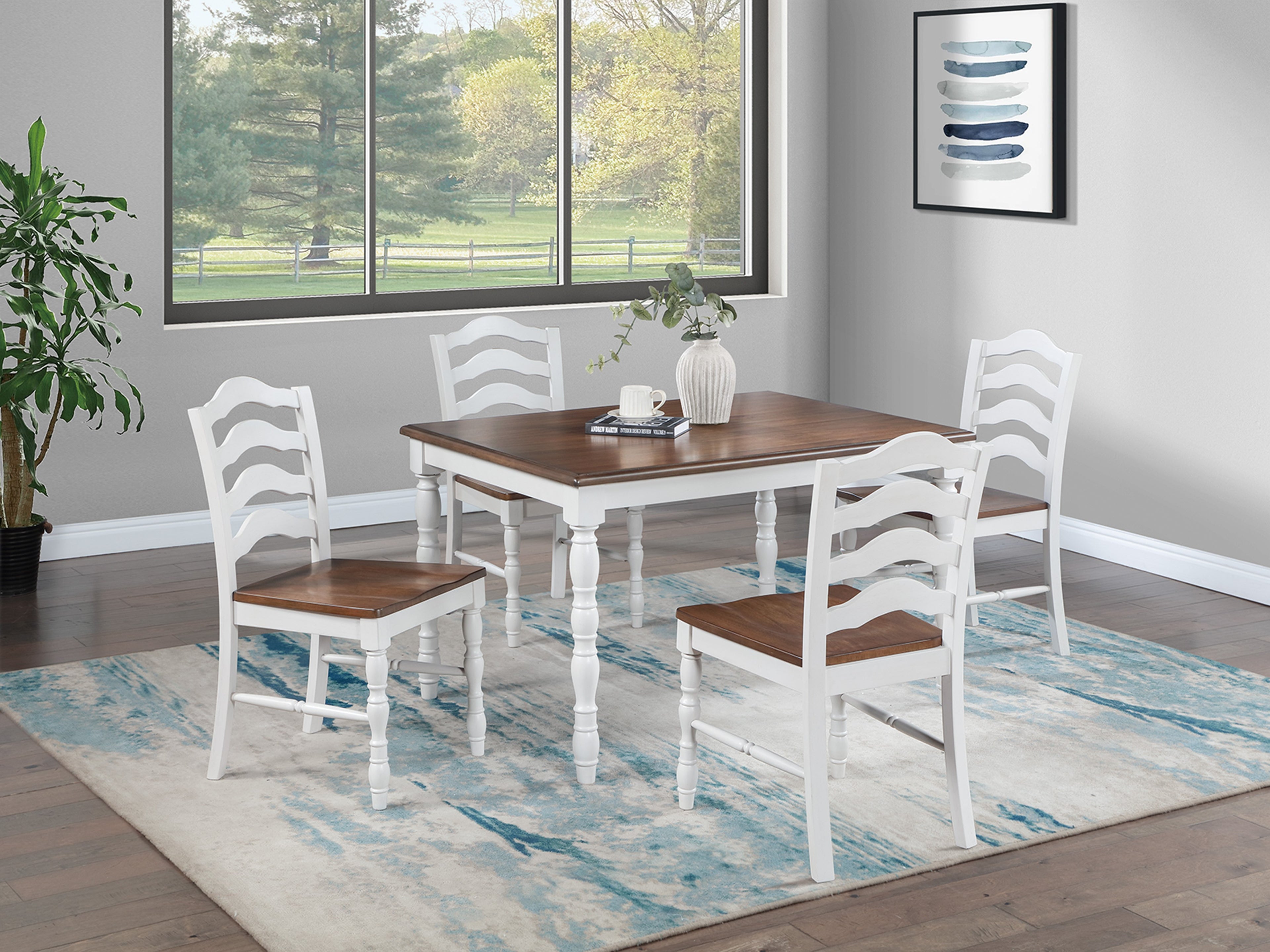 Poundex F2632 5 pc two tone white and oak finish wood 48" x 36" dining table set