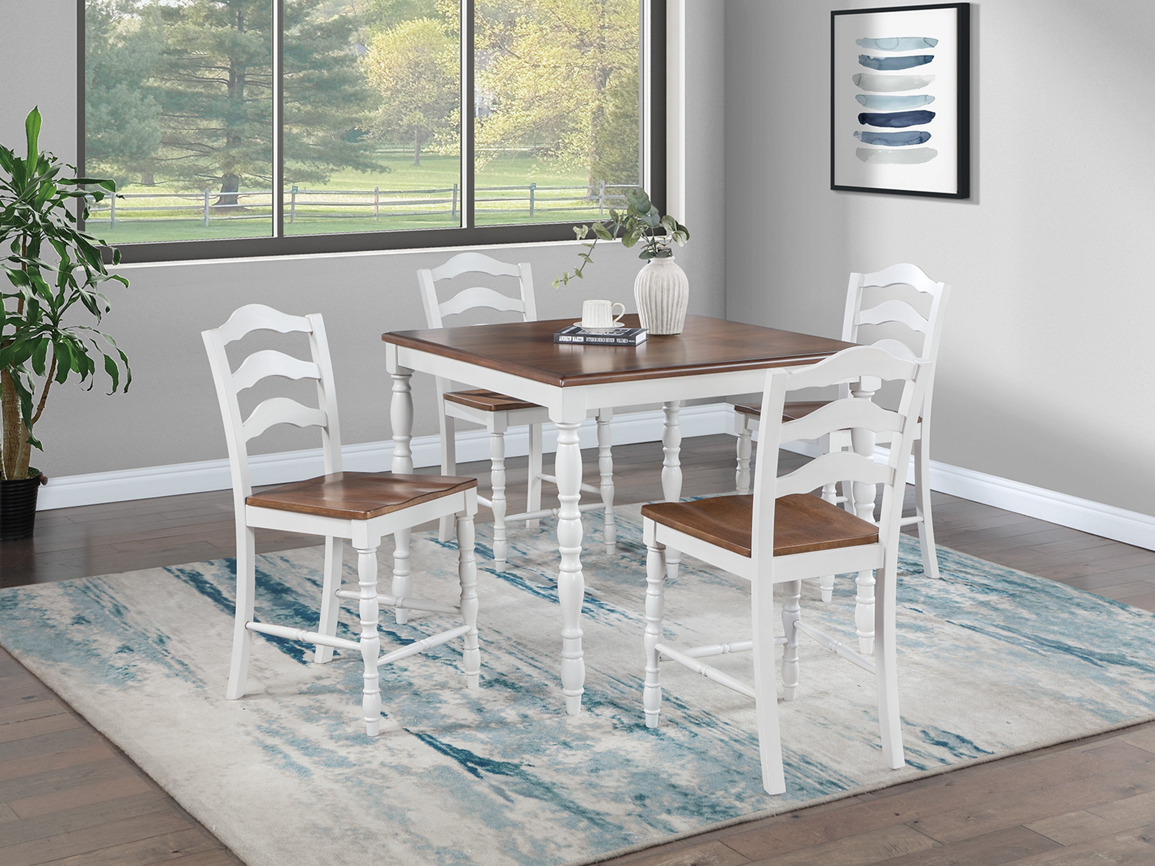 Poundex F2633 5 pc two tone white and oak finish wood 42" square counter height dining table set