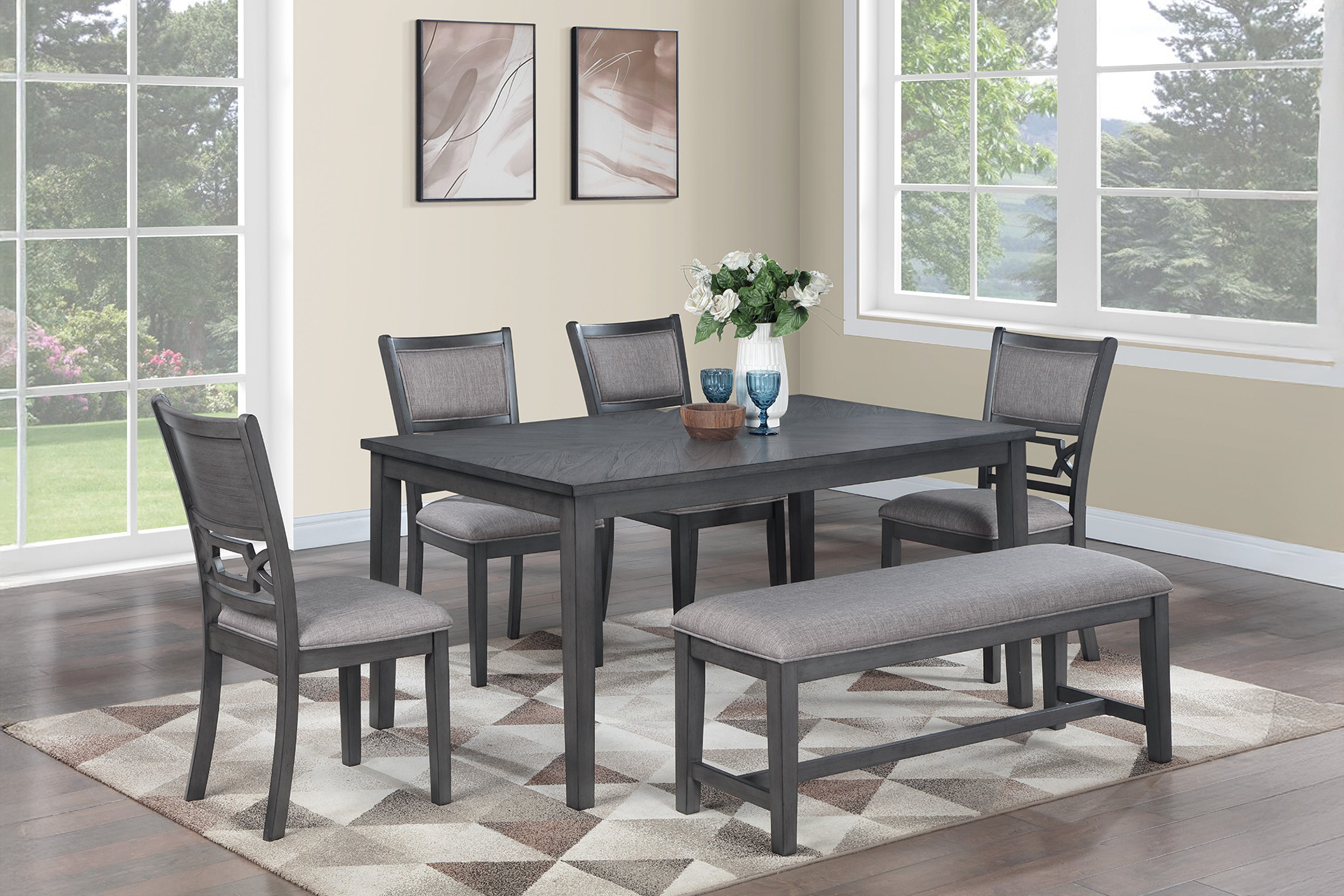 Poundex F2634 6 pc Charlene two tone grey finish wood dining table set padded seat chairs and bench