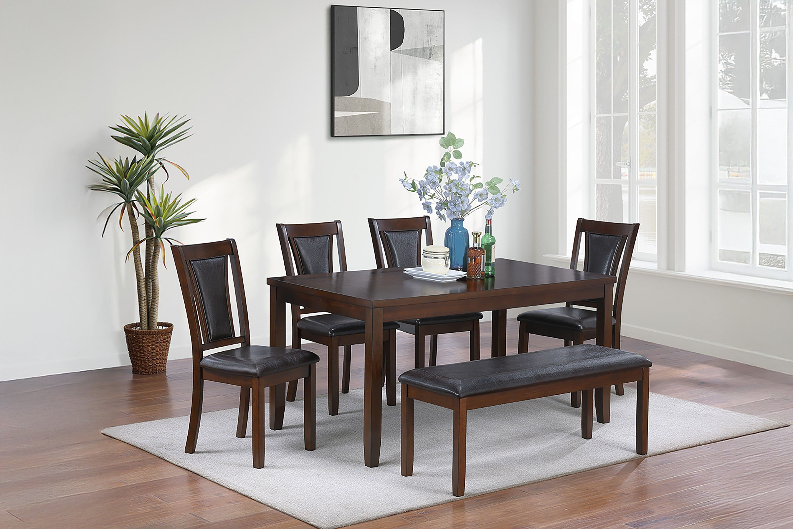Poundex F2635 6 pc Charlene walnut finish wood black faux leather dining table set padded seat chairs and bench