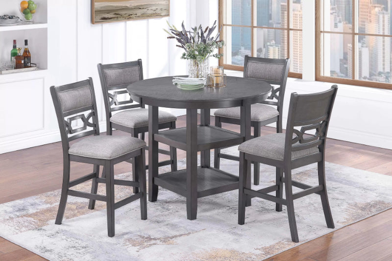 Poundex F2641 5 pc grey finish wood 42" round counter height dining table set center shelf pedestal