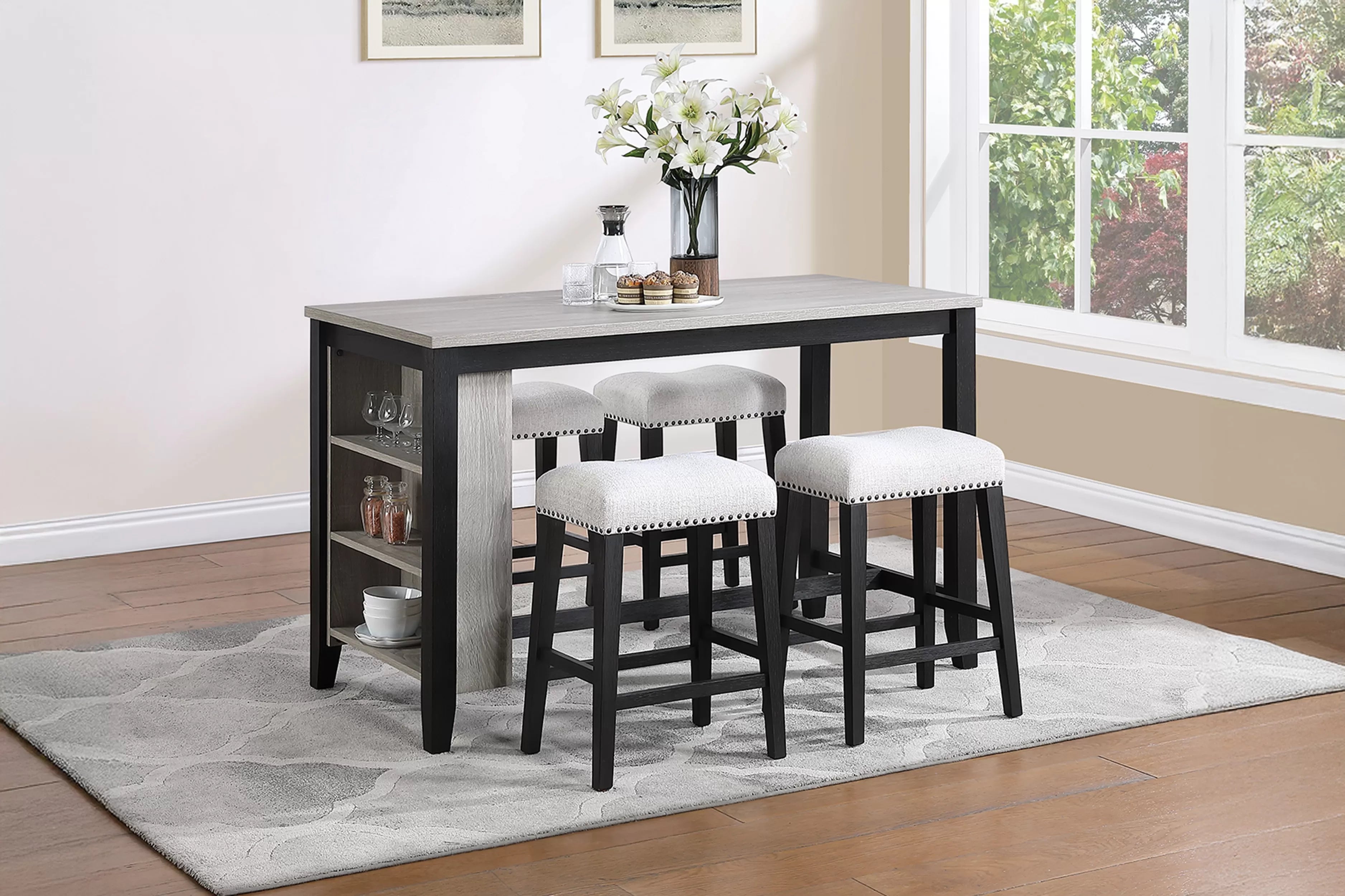 Poundex F2642 5 pc antique black and grey finish wood counter height dining table set storage shelves
