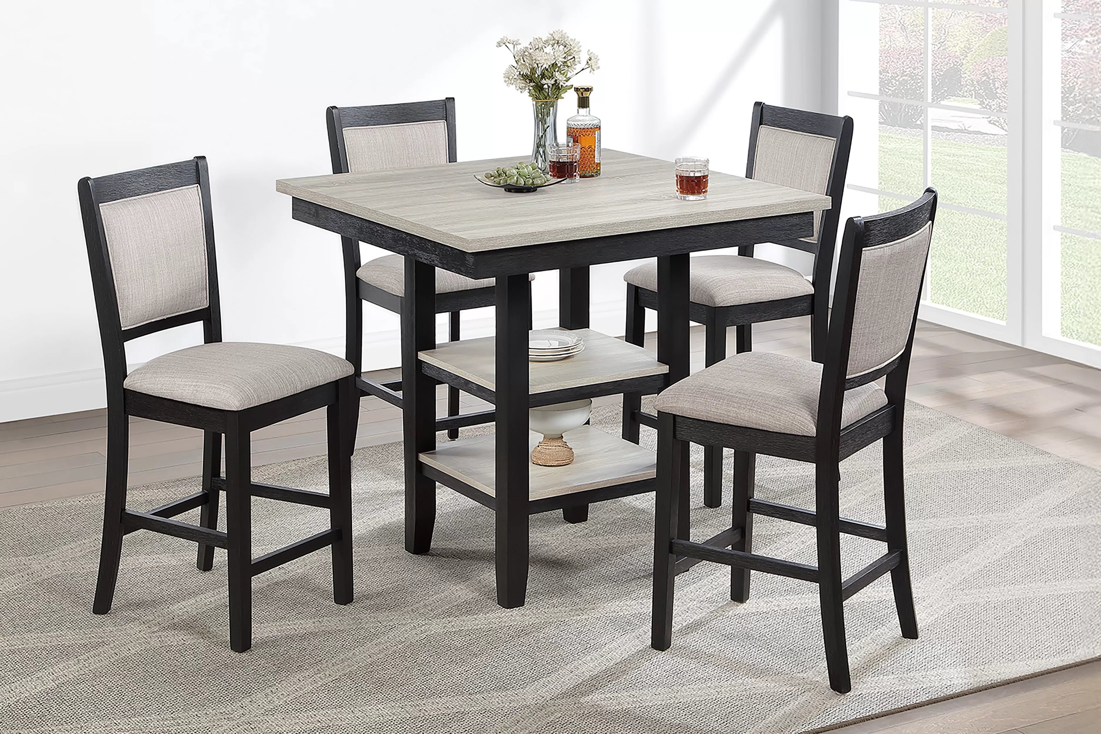 Poundex F2644 5 pc Antique black and rustic natural tone finish wood and fabric counter height dining table set