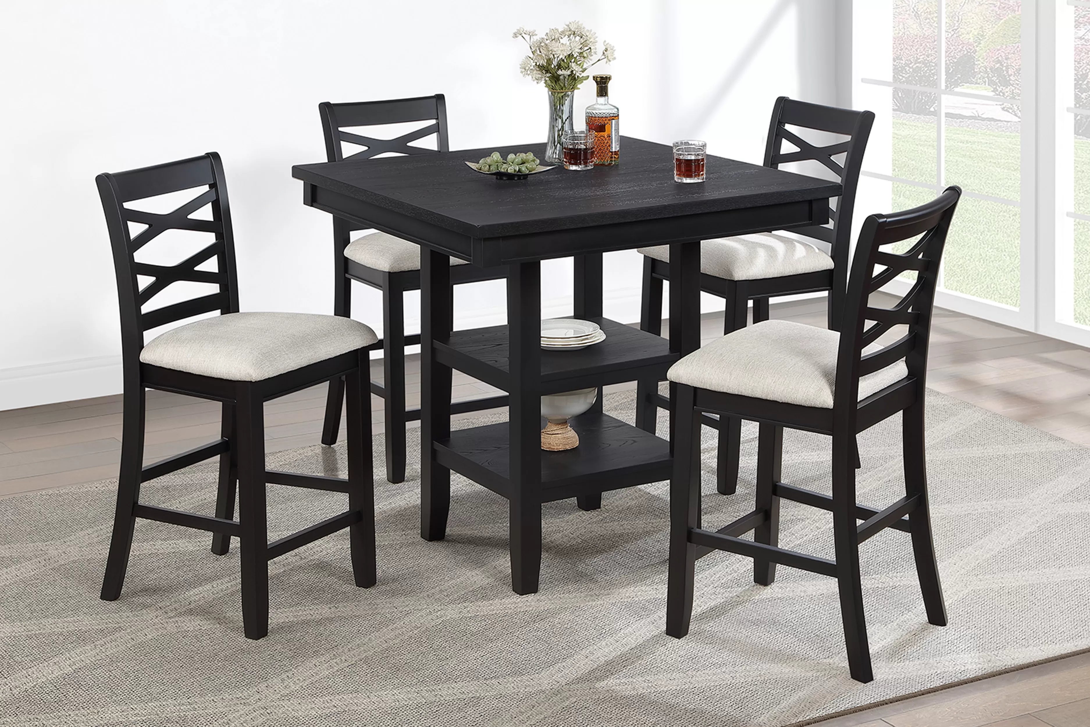 Poundex F2645 5 pc Antique black finish wood and fabric counter height dining table set
