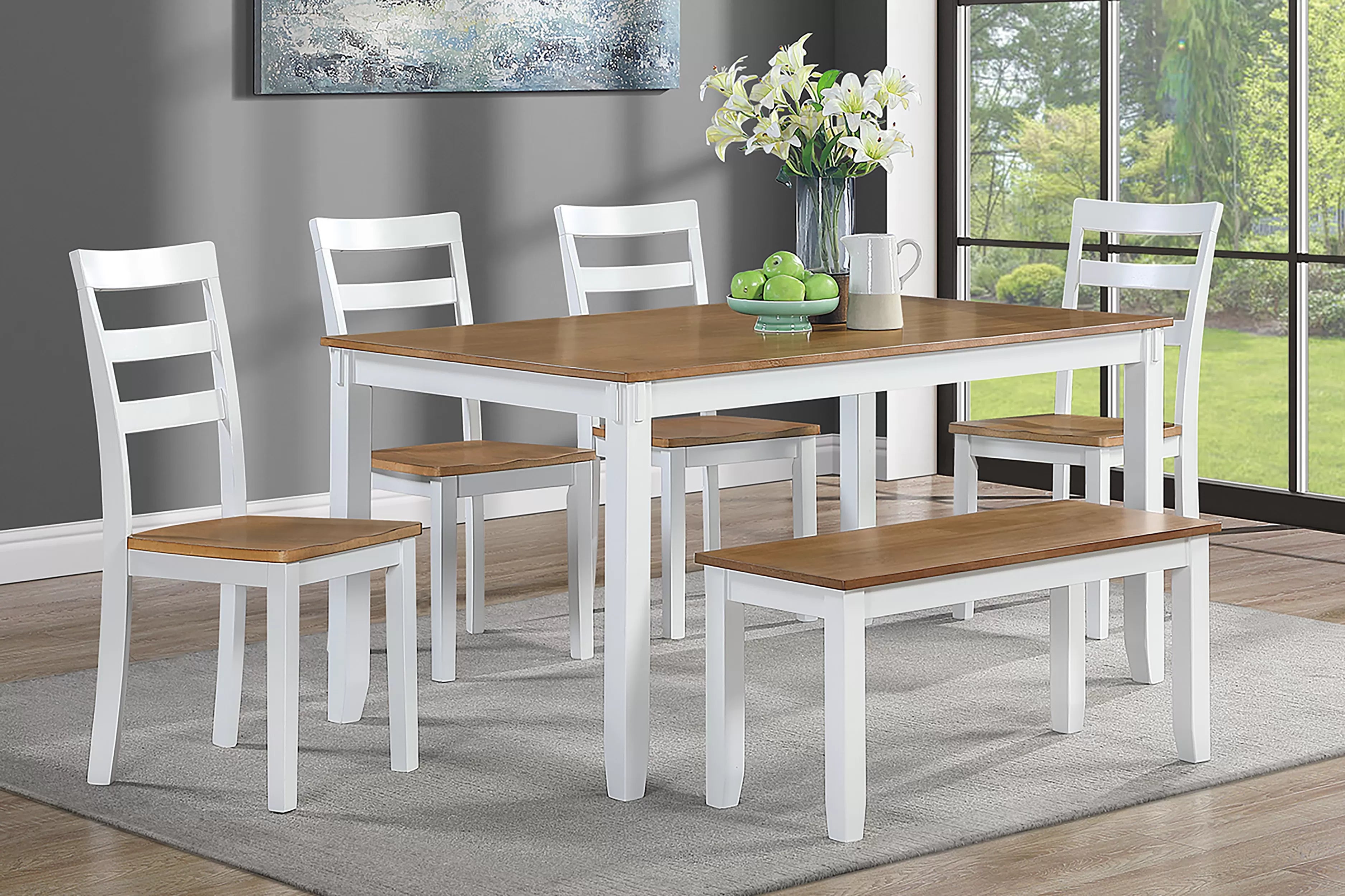 Poundex F2646 6 pc white & light brown finish wood dining table set padded seat chairs and bench
