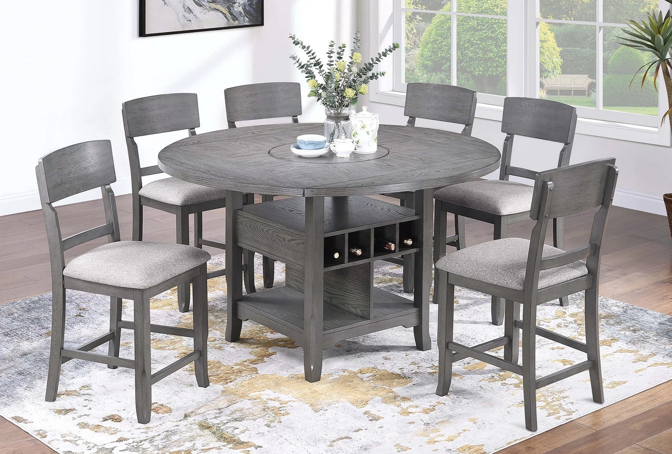 Poundex F2700-7PC 7 pc Canora grey stacie gray finish wood round / square drop leaf counter height dining table set