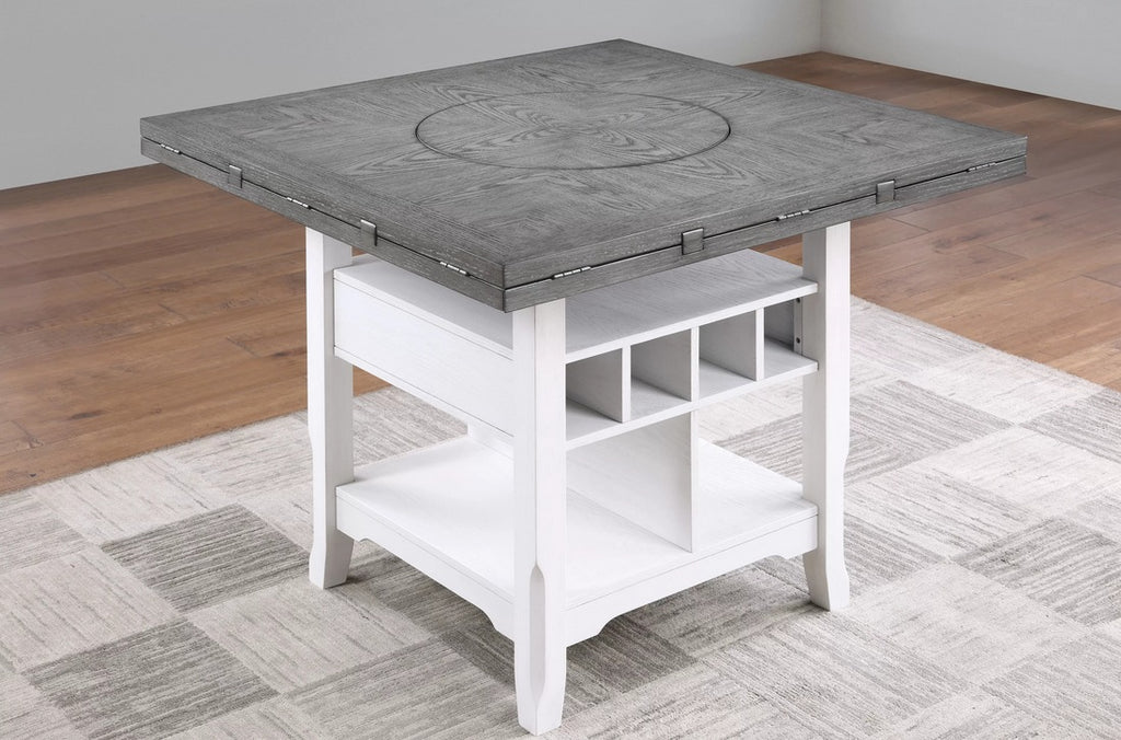 Poundex F2702-7PC 7 pc Canora antique white and grey stacie gray finish wood round / square drop leaf counter height dining table set