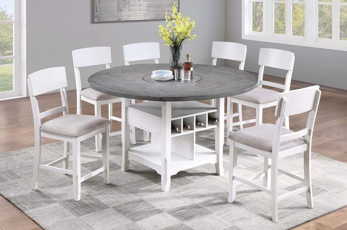 Poundex F2702-7PC 7 pc Canora antique white and grey stacie gray finish wood round / square drop leaf counter height dining table set