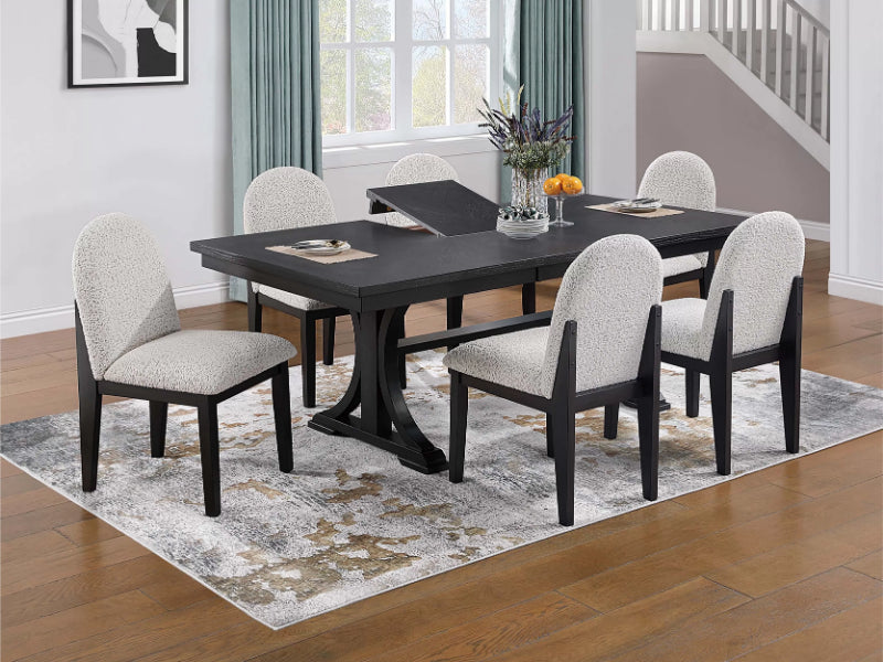 Poundex F2703-1926 7 pc charcoal finish wood 82" butterfly leaf dining table set trestle base rounded back chairs