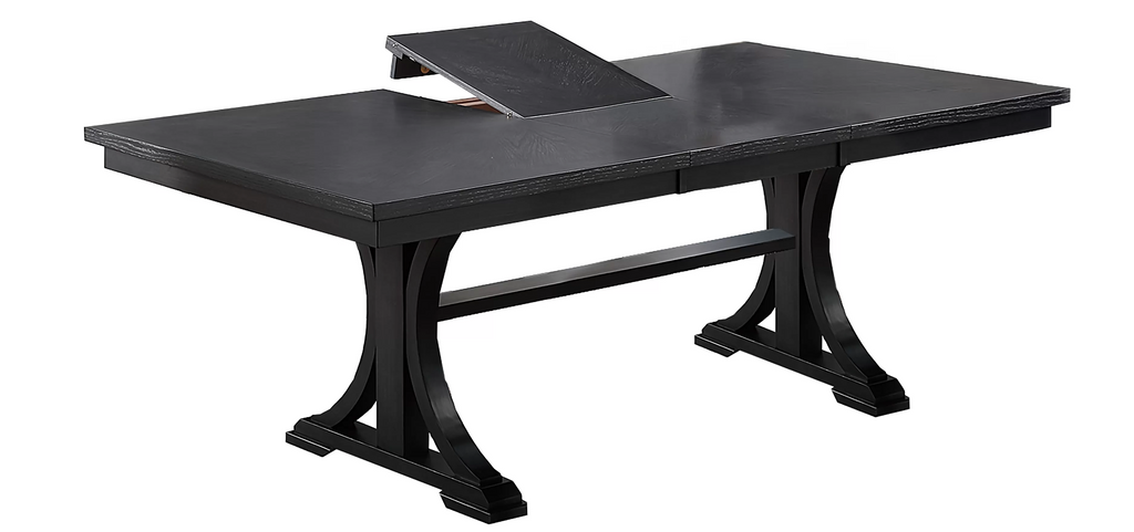 Poundex F2703-1926 7 pc charcoal finish wood 82" butterfly leaf dining table set trestle base rounded back chairs