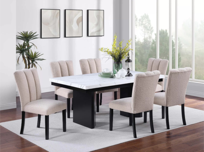 Poundex F2705-1935 7 pc Black finish wood white faux marble top dining table set