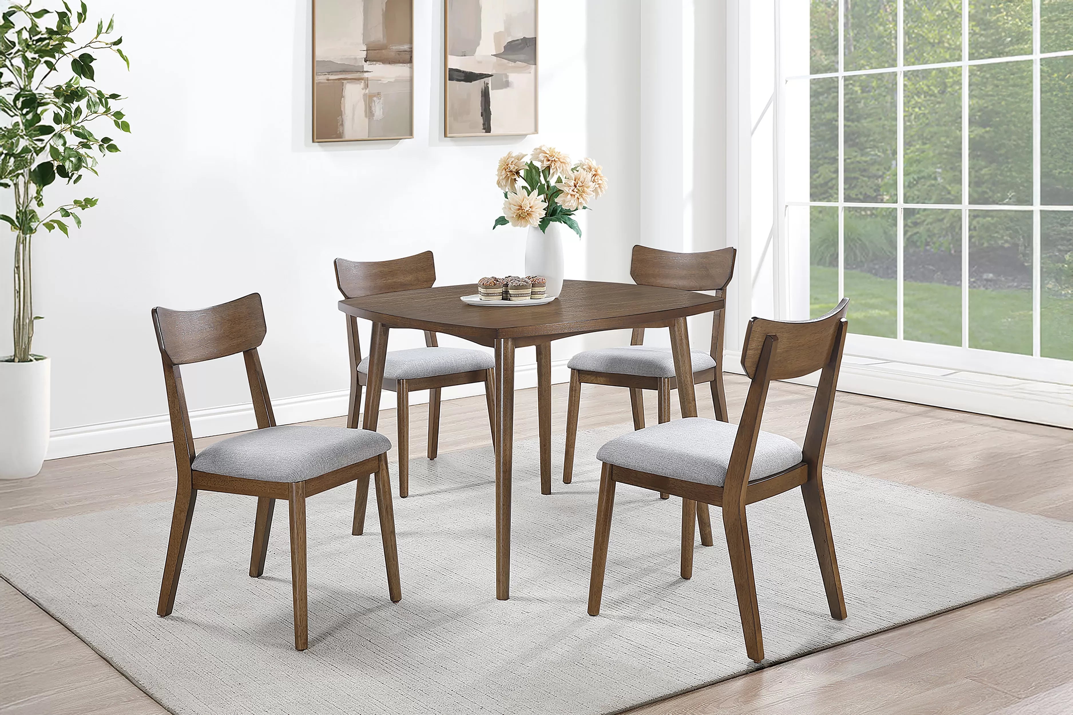 Poundex F2706-1953 5 pc Walnut finish wood mid century modern 40" square dining table set