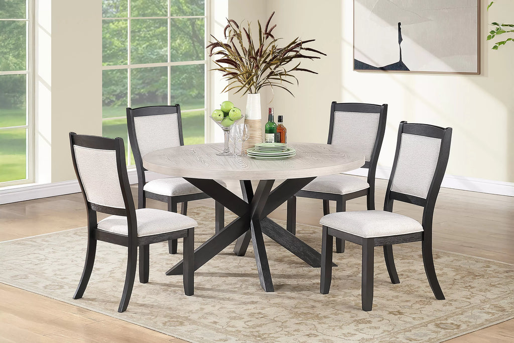 Poundex F2708-1954 5 pc Antique black finish wood light wood grain top 54" round dining table set