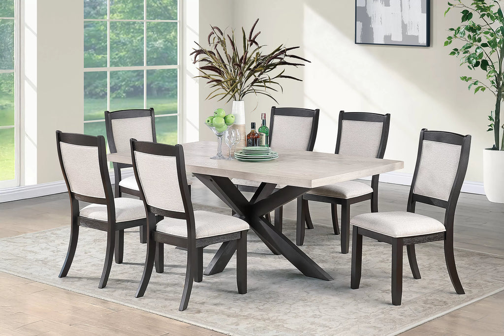 Poundex F2709-1954 7 pc Antique black finish wood light wood grain top rectangular dining table set