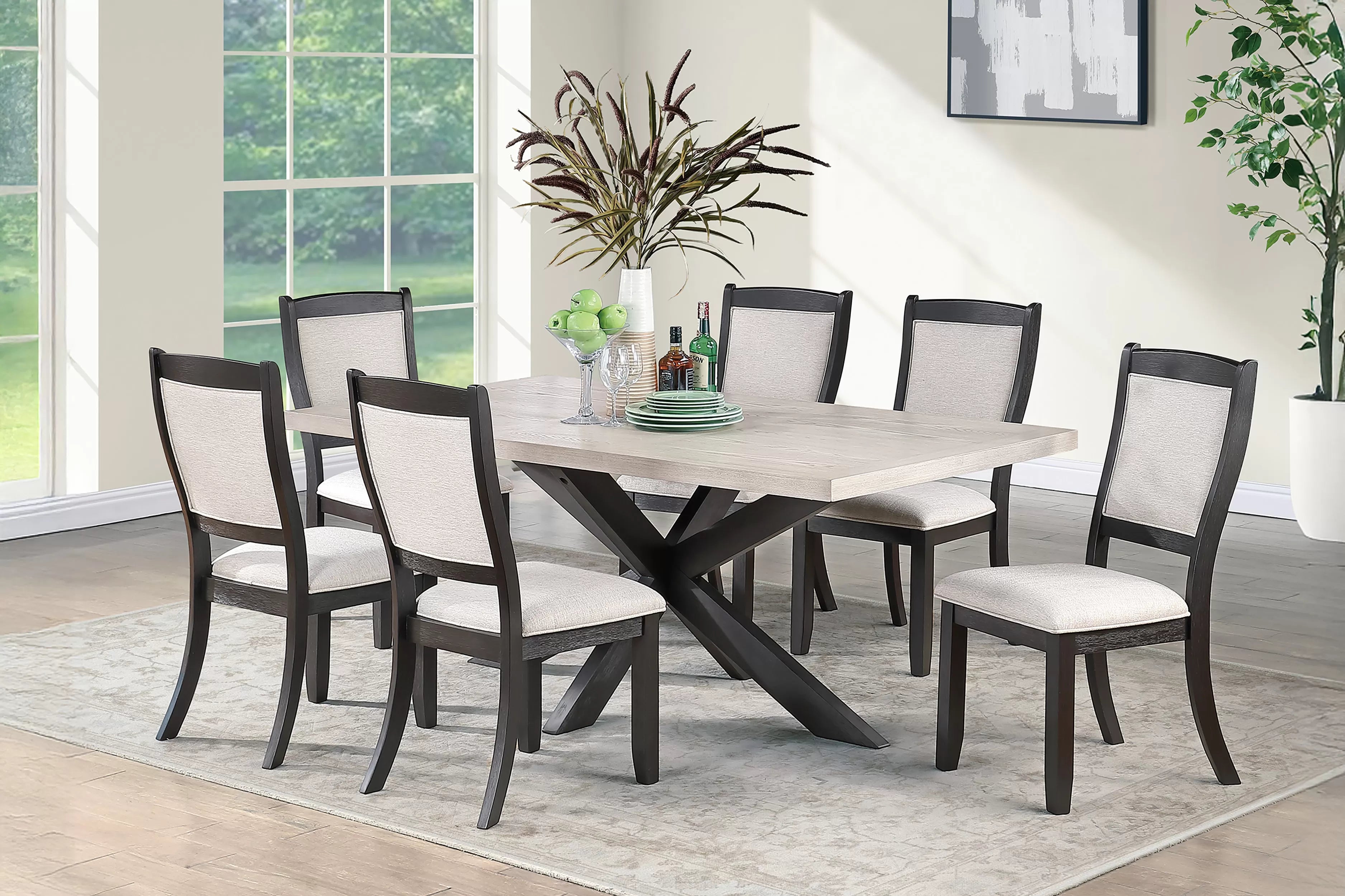 Poundex F2709-1954 7 pc Antique black finish wood light wood grain top rectangular dining table set
