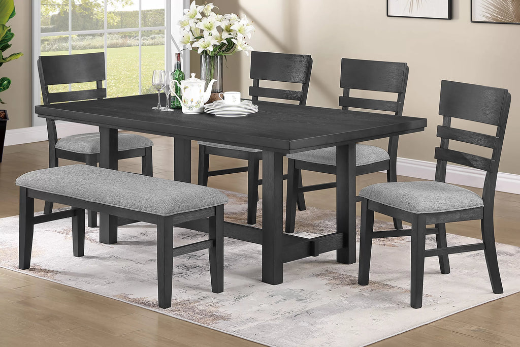 Poundex F2710-1955-57 6 pc Charcoal black finish wood dining table set with bench