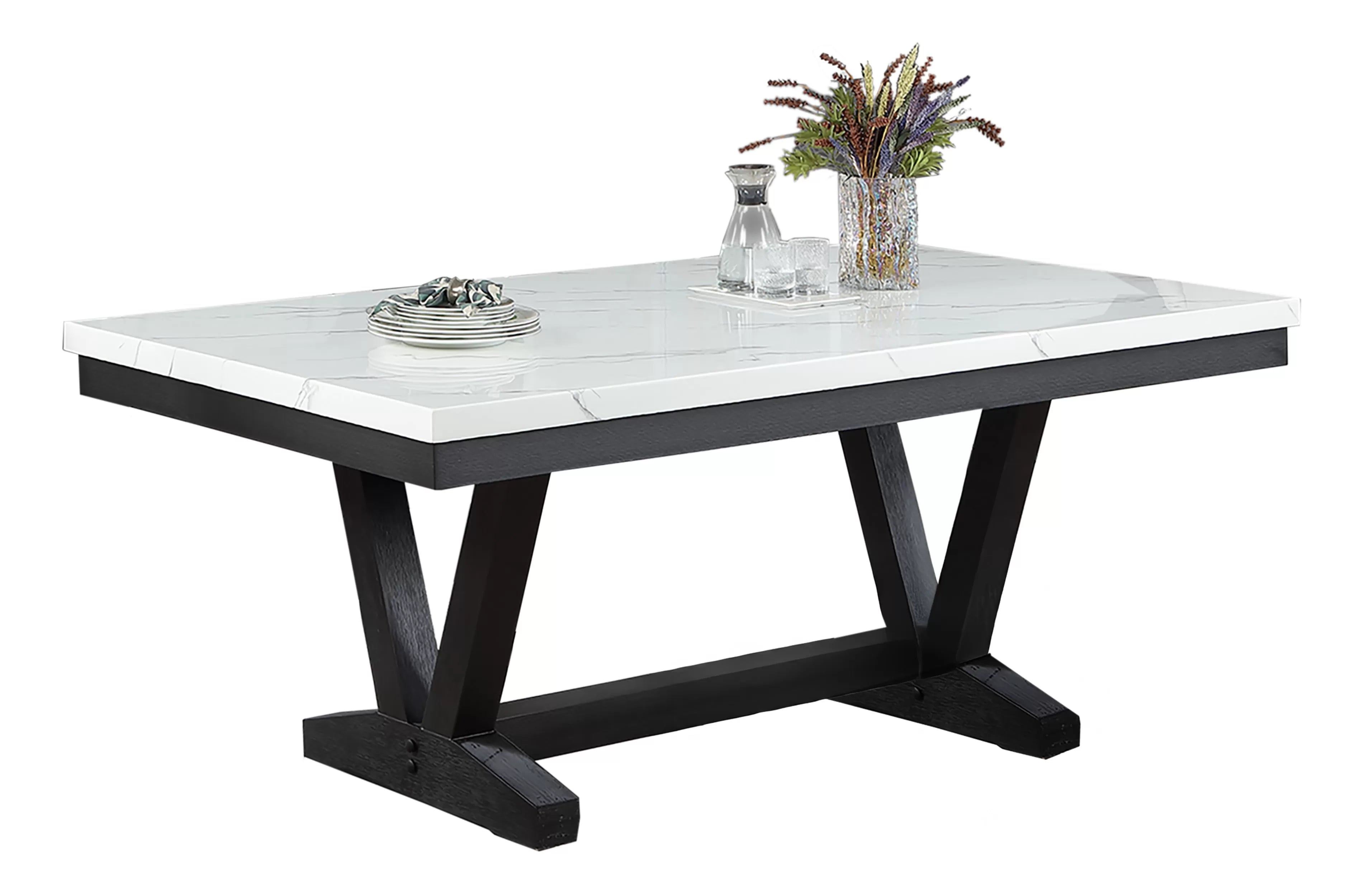 Poundex F2712-1958-59 6 pc Antique black finish wood faux marble top rectangular dining table set with bench